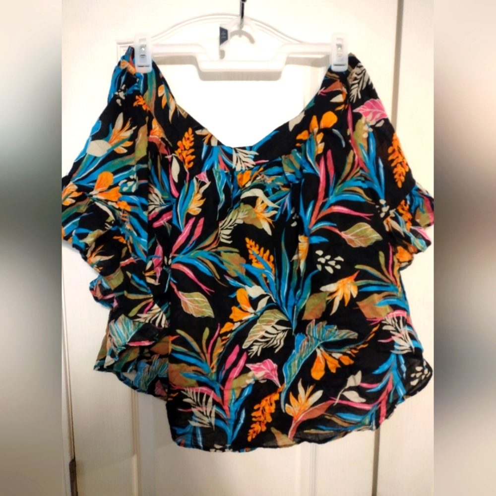 Terra & Sky women's blouse with wide neck and floral design, 2X, green and blue.